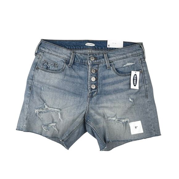 NEW Old Navy Blue Distressed Raw Hem Button Fly Mid-Rise Denim Jeans Shorts Sz 6 - Picture 1 of 3